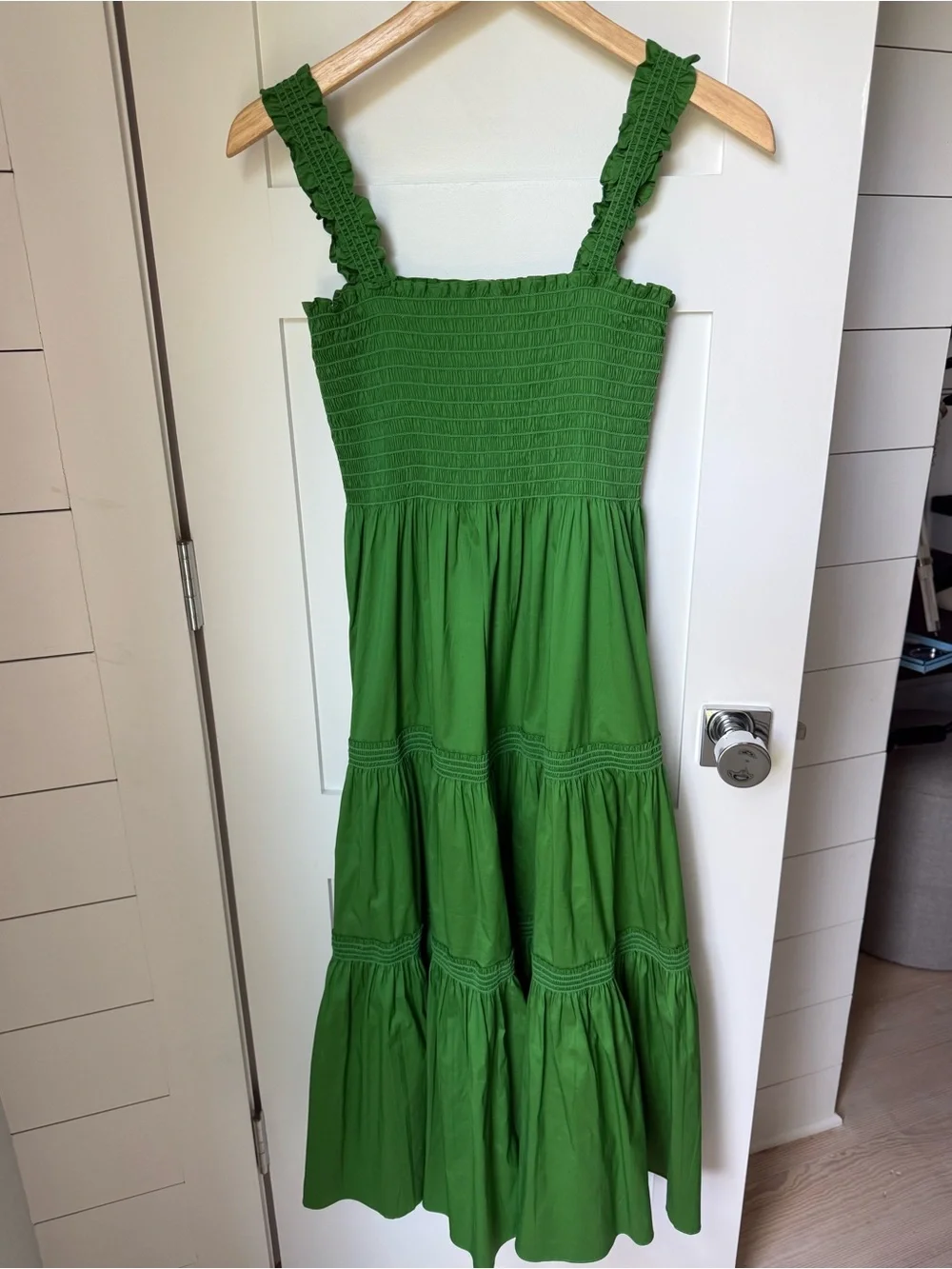 Tory Burch Smocked Tiered Cotton Blend Resort Green Cover-Up Dress M